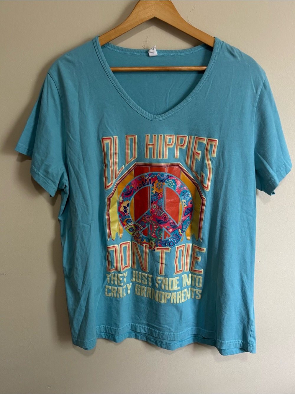 Old Hippies Don’t Die Graphic Tee 2X Robin’s Egg Blue Peace Sign